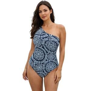 Nicole Miller Navy & White Tribal One-Shoulder Swimsuit – Size 8